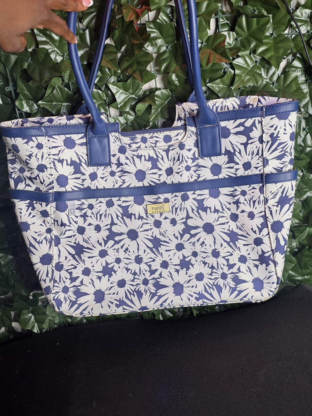 Happy Daisy-Print Blue and White Tote Bag